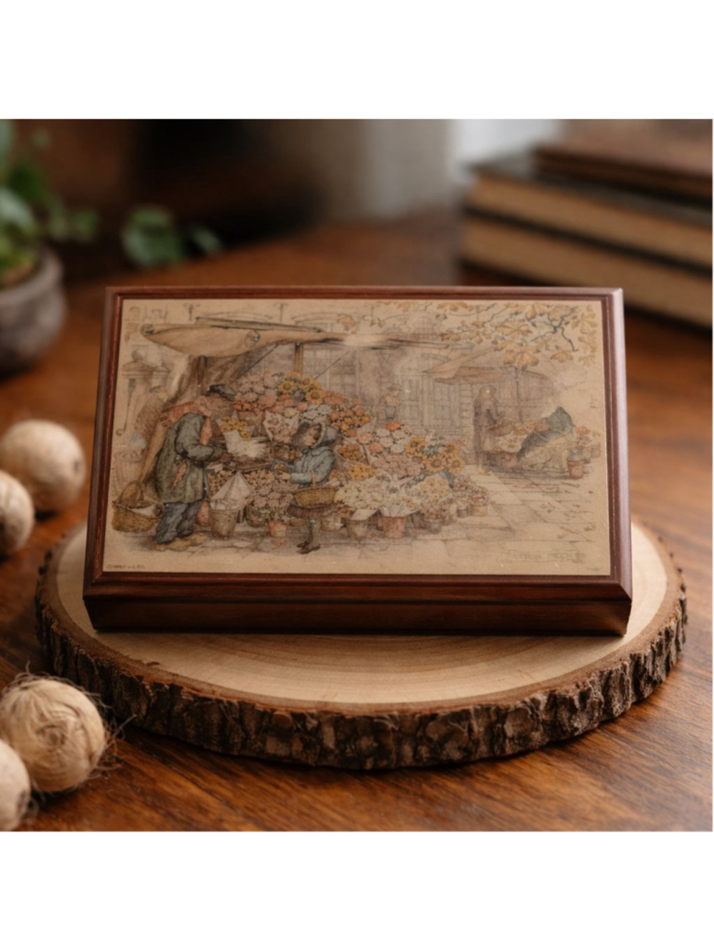 Vintage Anton Pieck The Flower Stall Art Piece Warm Wood Base Nostalgia Quaint